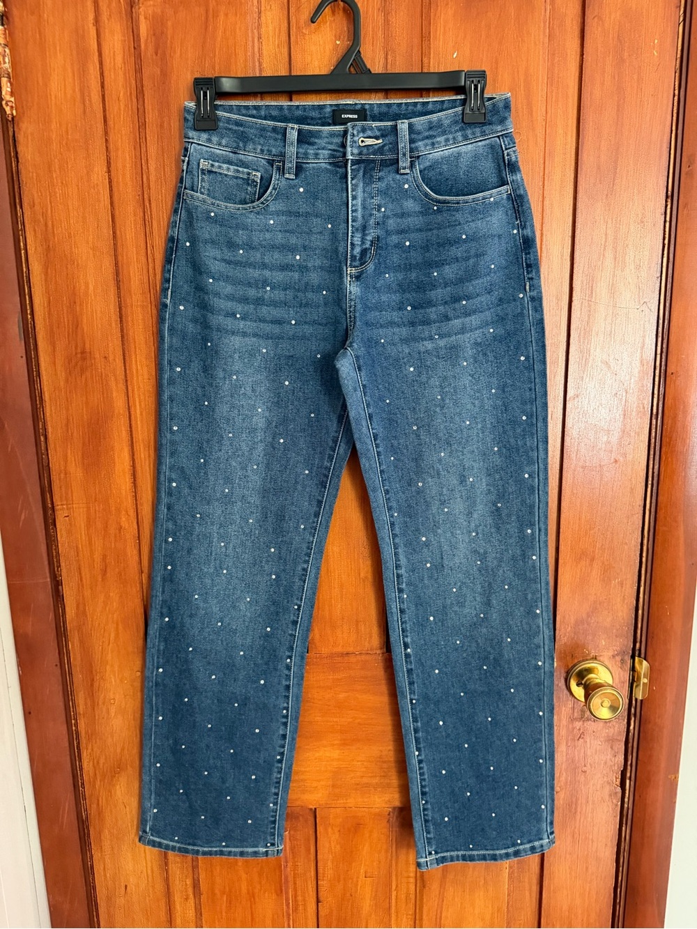 NWOT - Express Dark Blue Straight Leg Jeans with Pearl Studs